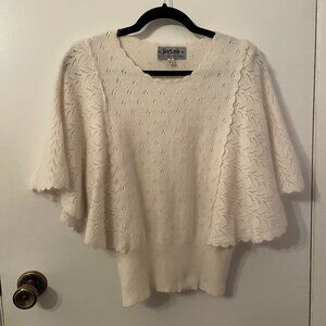 Vintage White Angora Sweater with Scalloped Neckline and Flutter Sleeves